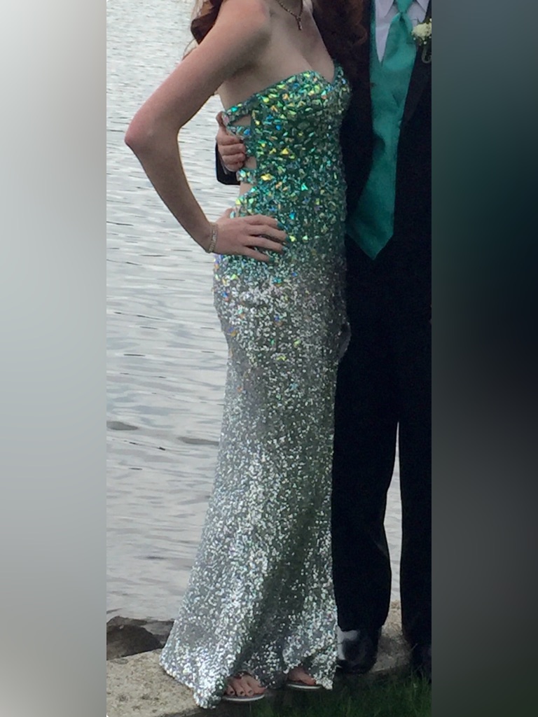 Strapless Mermaid Sequin Gown In Aqua And Silver